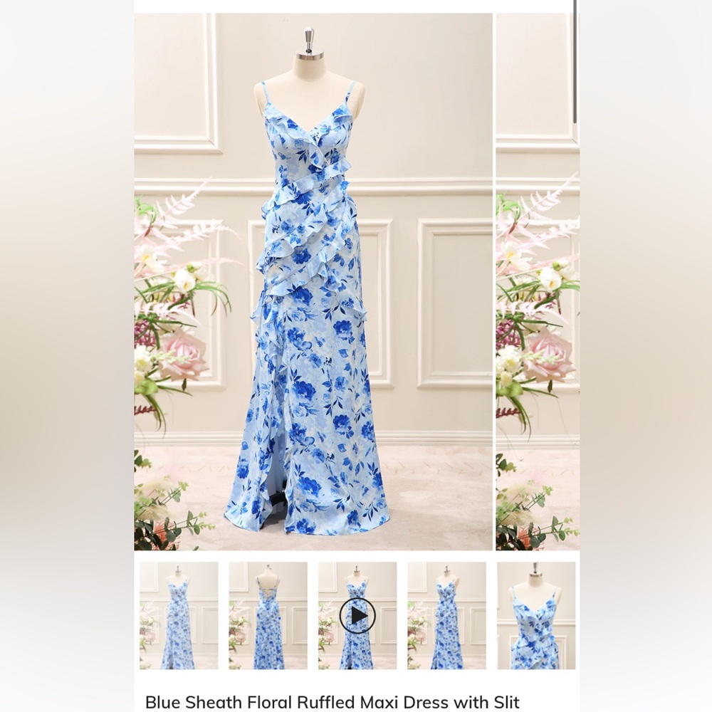 Blue Sheath Floral Ruffles Maxi Dress with Slit 
$116